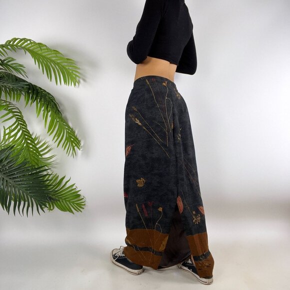 Vintage 90s Gray Earthy Floral Cottagecore Fairy Grunge Bohemian Maxi Skirt / 8 - Picture 2 of 6